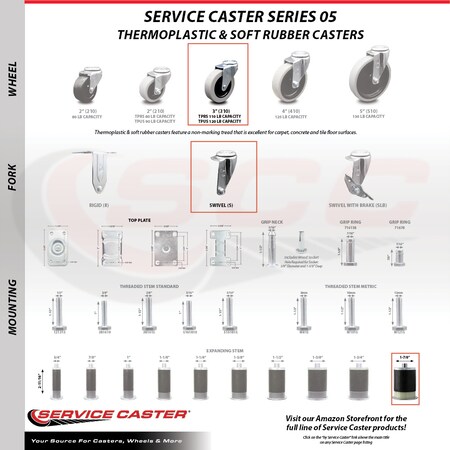 Service Caster 3 Inch Thermoplastic Rubber Wheel 1-7/8 Inch Expanding Stem Caster SCC, 4PK SCC-EX05S310-TPRS-178-4